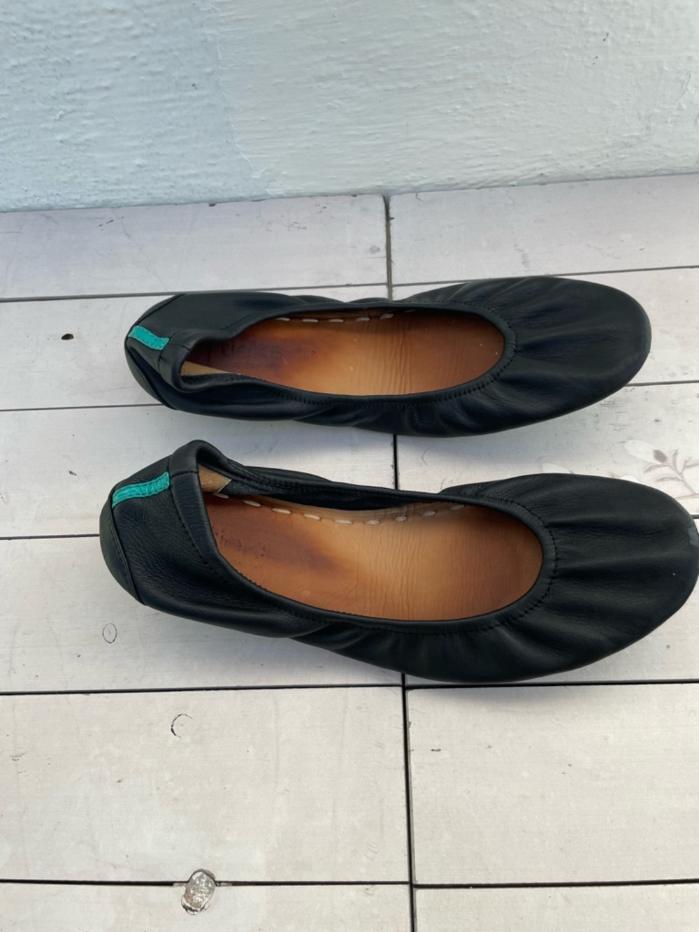 Tieks Black Leather Ballet Flats with Teal Tab - Picture 4 of 8